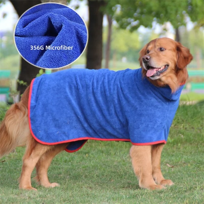 Golden retriever wearing a blue dog drying robe outdoors