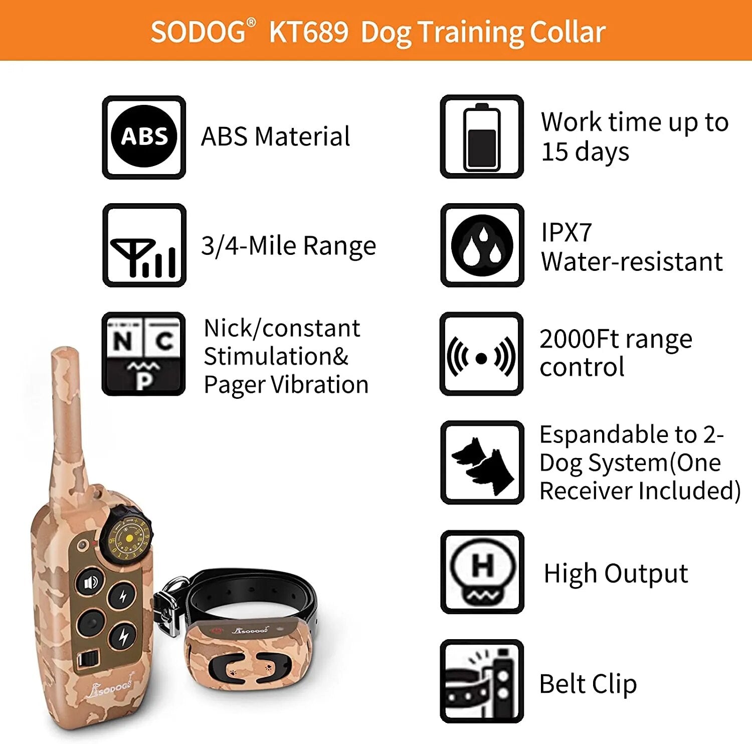 2000FT Remote Control Dog Training Collar Rechargeable Bark Shocker Electric Collar