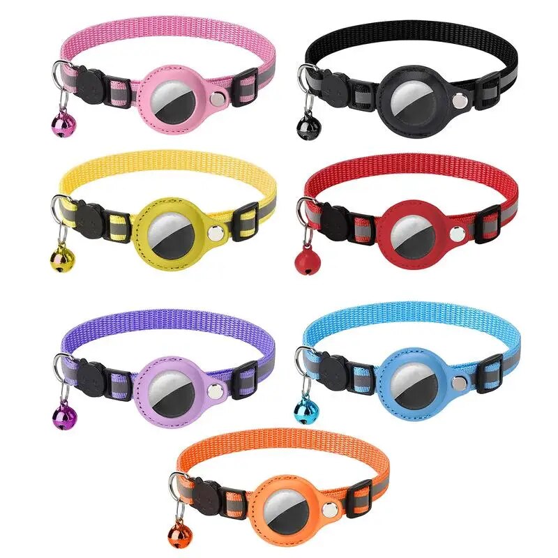 Leather Pet Collar Air tag Detachable Cat Collars With Bell Safety Buckle Locator Holder