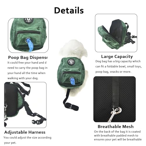 Dog Backpack Harness with Leash Adjustable Travel Hiking Walking Harness Backpack