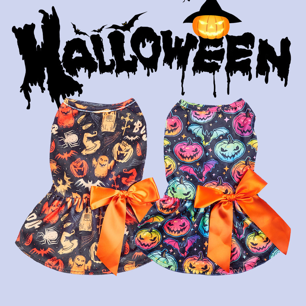 Dog Dresses Pet Dog Halloween Pumpkin Costumes with Bow Tie