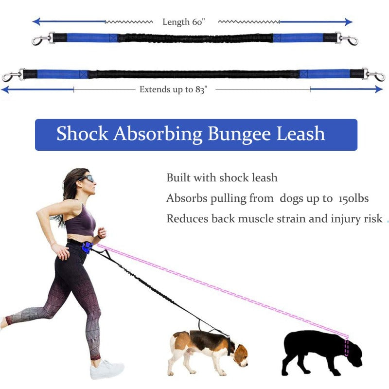 Dog Leash With Dual Padded Handles Retractable Dog Running Waist Leash With Reflective Stripe