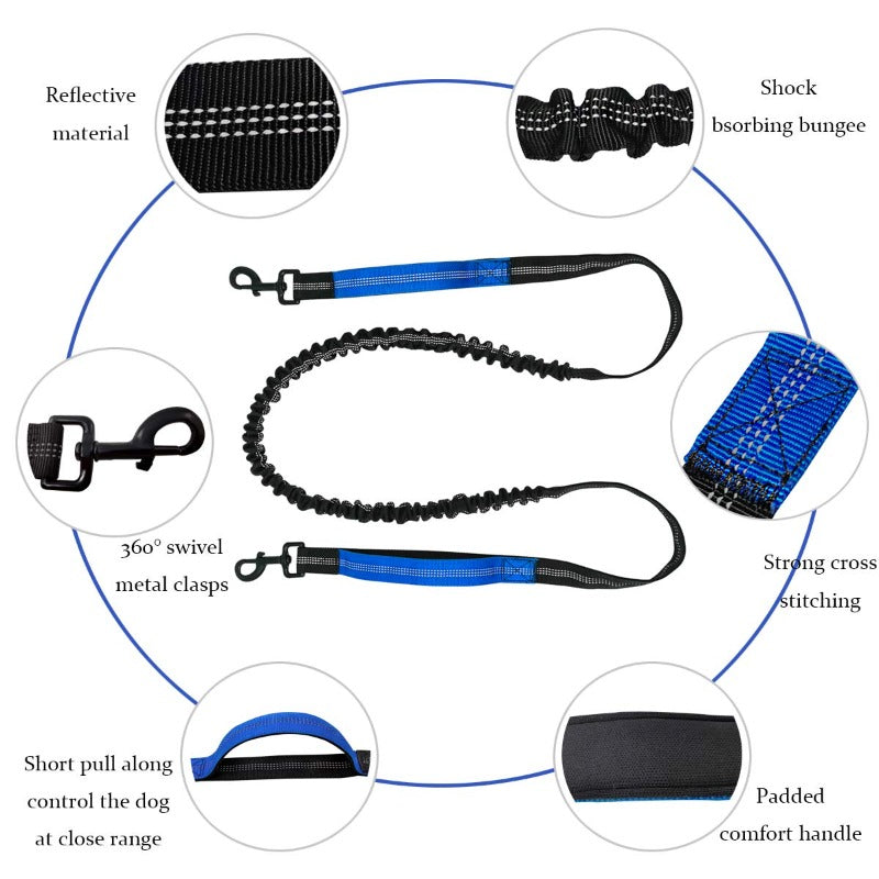 Dog Leash With Dual Padded Handles Retractable Dog Running Waist Leash With Reflective Stripe