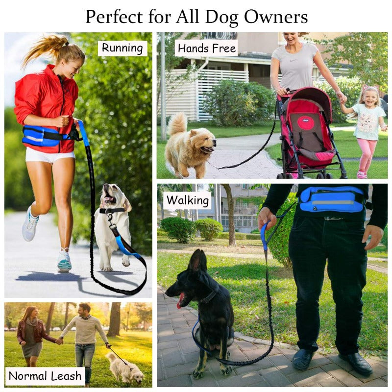 Dog Leash With Dual Padded Handles Retractable Dog Running Waist Leash With Reflective Stripe