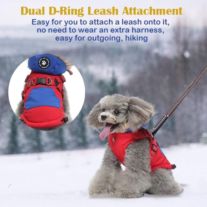 Winter Pet Clothes with Harness Dog Coat Warm Soft Windproof Hooded Jacket