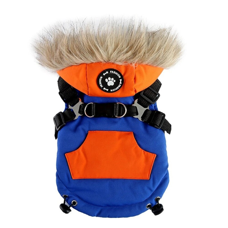 Winter Pet Clothes with Harness Dog Coat Warm Soft Windproof Hooded Jacket