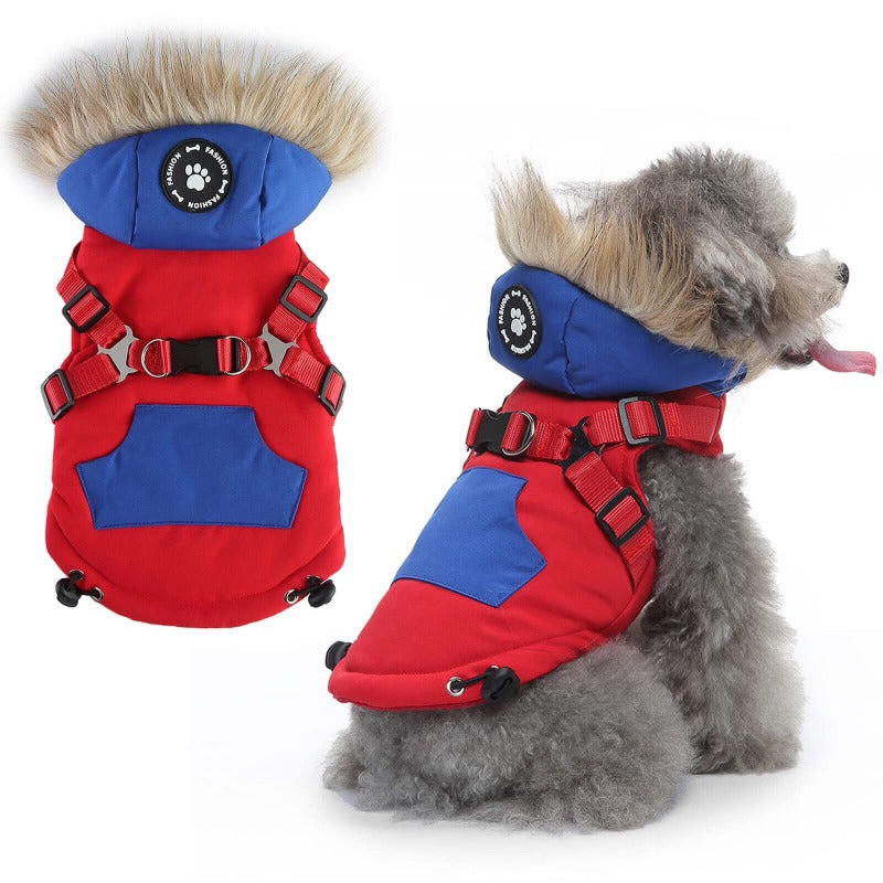 Winter Pet Clothes with Harness Dog Coat Warm Soft Windproof Hooded Jacket