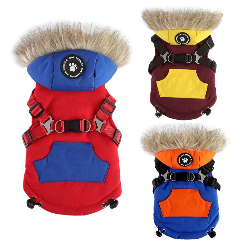 Winter Pet Clothes with Harness Dog Coat Warm Soft Windproof Hooded Jacket