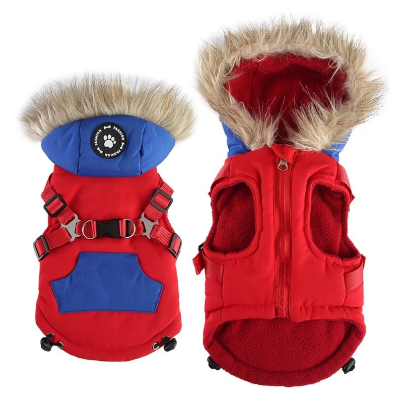 Winter Pet Clothes with Harness Dog Coat Warm Soft Windproof Hooded Jacket
