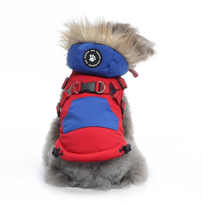 Winter Pet Clothes with Harness Dog Coat Warm Soft Windproof Hooded Jacket