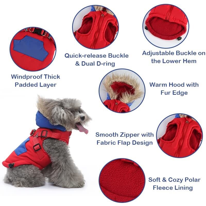 Winter Pet Clothes with Harness Dog Coat Warm Soft Windproof Hooded Jacket