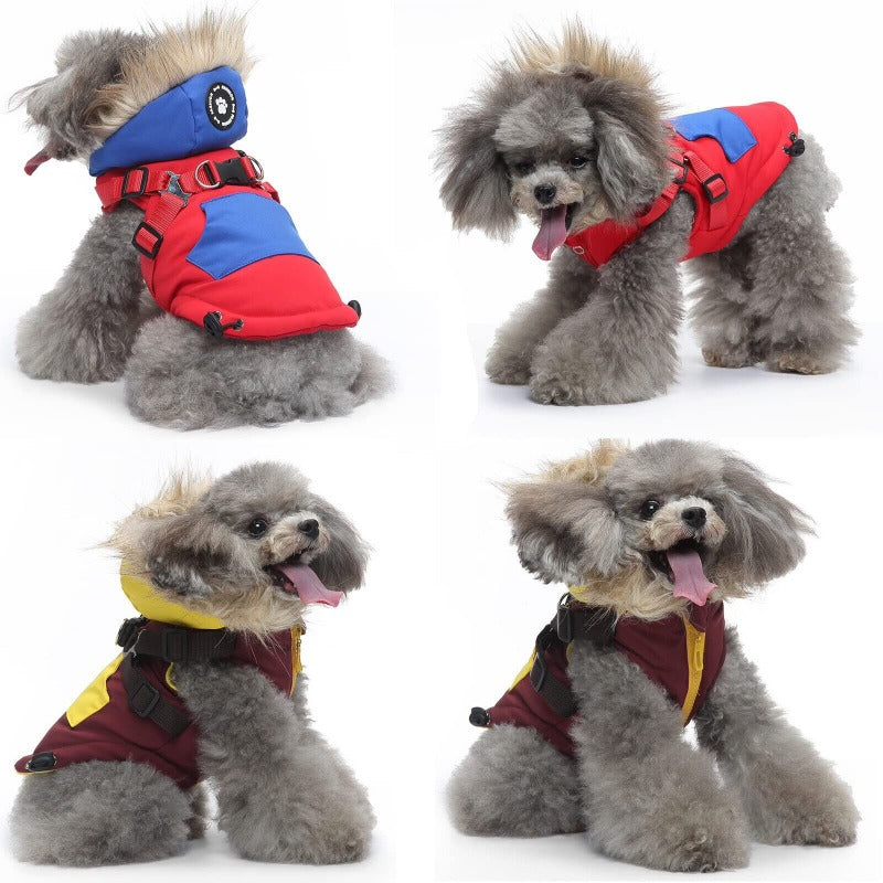 Winter Pet Clothes with Harness Dog Coat Warm Soft Windproof Hooded Jacket
