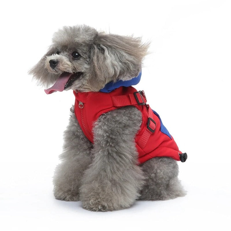 Winter Pet Clothes with Harness Dog Coat Warm Soft Windproof Hooded Jacket