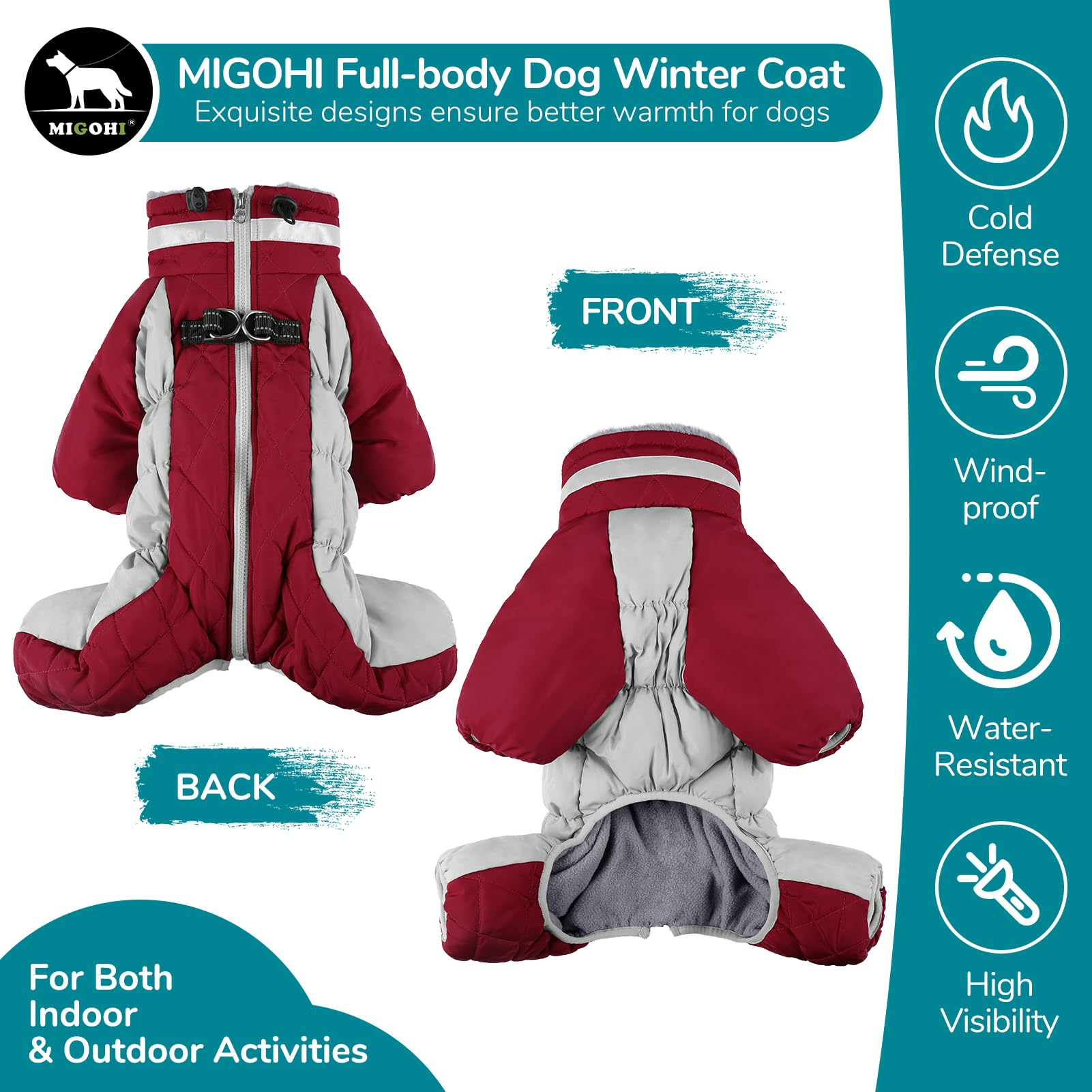 Four-Legged Windproof Waterproof Dog Snowsuit Dog Coat with Zipper Turtleneck Fleece Dog Jacket