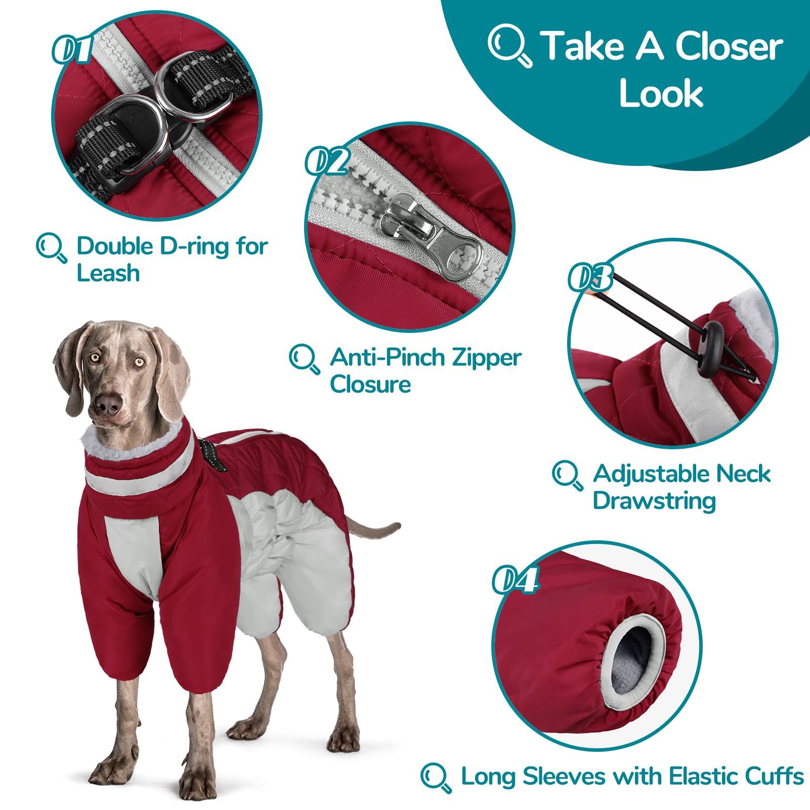 Four-Legged Windproof Waterproof Dog Snowsuit Dog Coat with Zipper Turtleneck Fleece Dog Jacket