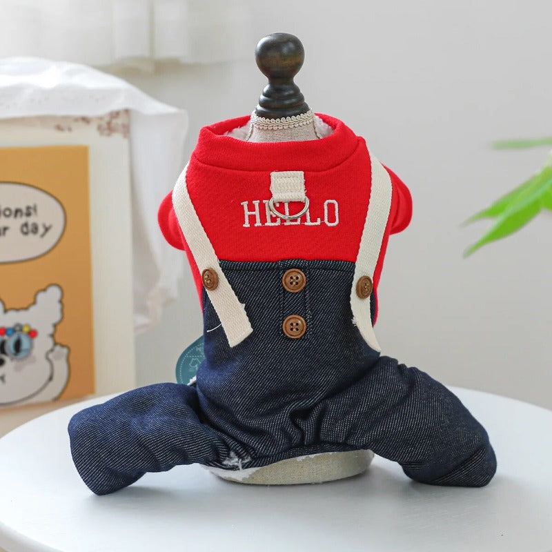 Hello Dog Jump Suit With Denim Pants Thicken Poodle Winter Overall Clothing