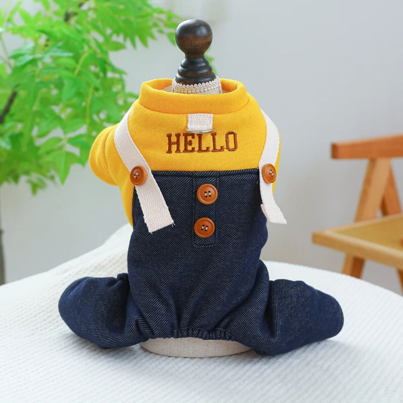 Hello Dog Jump Suit With Denim Pants Thicken Poodle Winter Overall Clothing