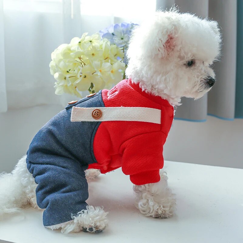 Hello Dog Jump Suit With Denim Pants Thicken Poodle Winter Overall Clothing