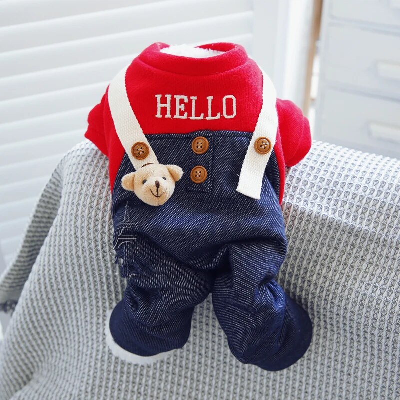 Hello Dog Jump Suit With Denim Pants Thicken Poodle Winter Overall Clothing