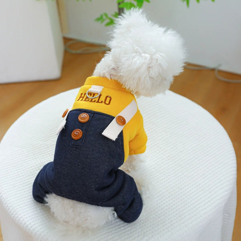 Hello Dog Jump Suit With Denim Pants Thicken Poodle Winter Overall Clothing