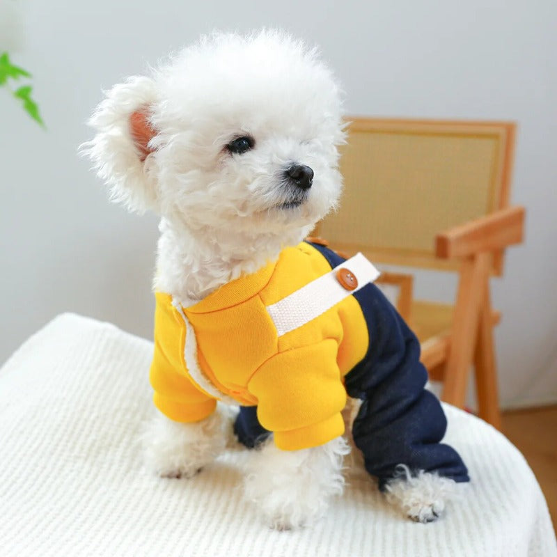 Hello Dog Jump Suit With Denim Pants Thicken Poodle Winter Overall Clothing