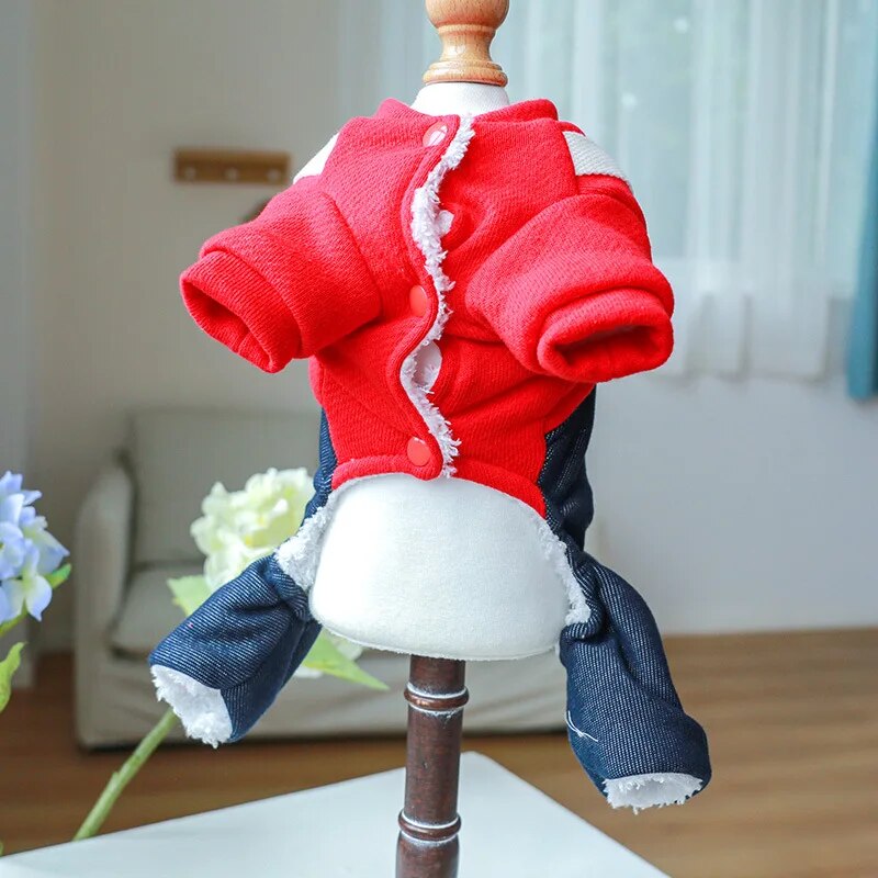 Hello Dog Jump Suit With Denim Pants Thicken Poodle Winter Overall Clothing
