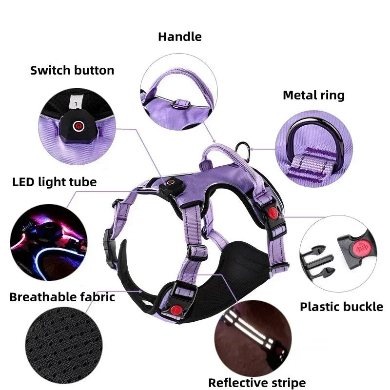 LED No Pull Dog Harness Reflective Pet Harness 2 Leash Dog Vest