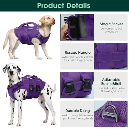 High Flotation Swimming & Boating Adjustable Sizes Lightweight Dog Life Preserver with Rescue Handle