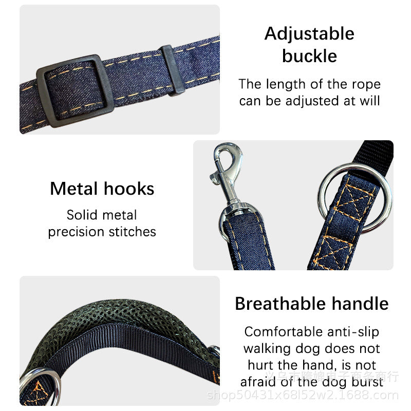 Multifunctional Jean Cloth Dog Leash Adjustable Length Free Hands Double Heads Leash