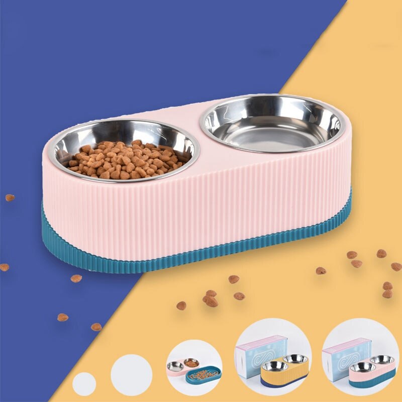 Pet Cat Dog Bowl Double Raised Stand Stainless Steel Dog Cat Food Bowl