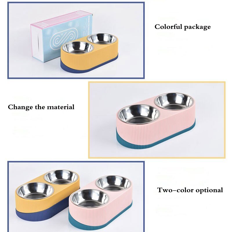 Pet Cat Dog Bowl Double Raised Stand Stainless Steel Dog Cat Food Bowl