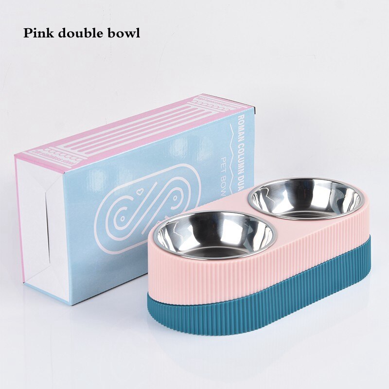 Pet Cat Dog Bowl Double Raised Stand Stainless Steel Dog Cat Food Bowl