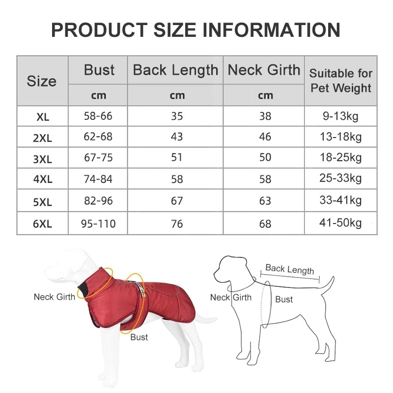Warm Dog Coats Large Dog Waterproof Reflective Jacket Turtleneck With Adjustable Drawstring Buckle With D Ring