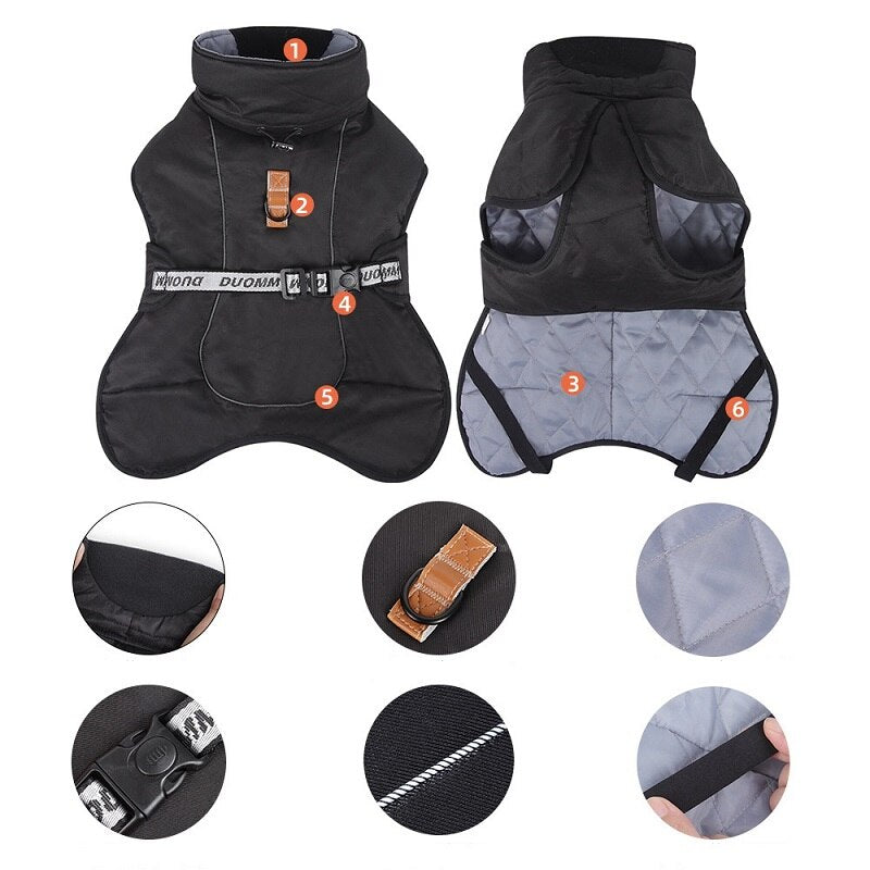 Warm Dog Coats Large Dog Waterproof Reflective Jacket Turtleneck With Adjustable Drawstring Buckle With D Ring