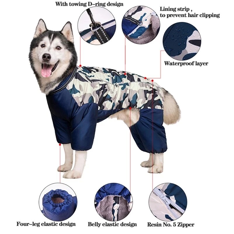 Waterproof Large Dog Jackets Warm Fleece Pet Dog Coat Reflective Dog Jumpsuit