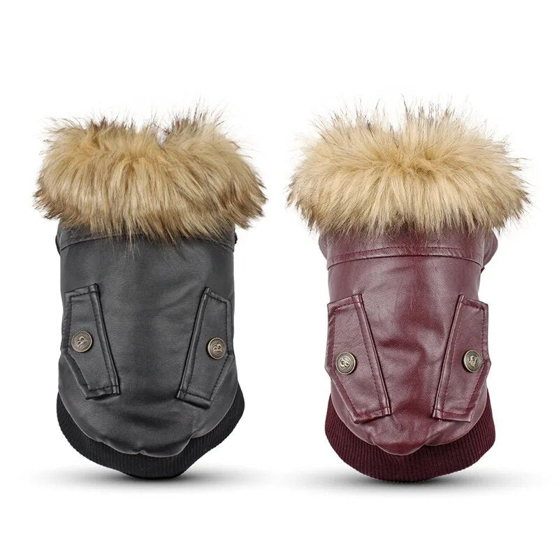 Dog Leather Jacket Coat Warm Thickening Winter Dog Clothes Jumpsuit Hoodie