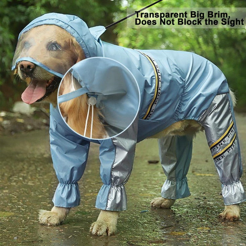 Big Dog Raincoat with Tail Jumpsuit Raincoat for Large Dogs with Reflective Strips Tow Hole Labrador Waterproof Jacket