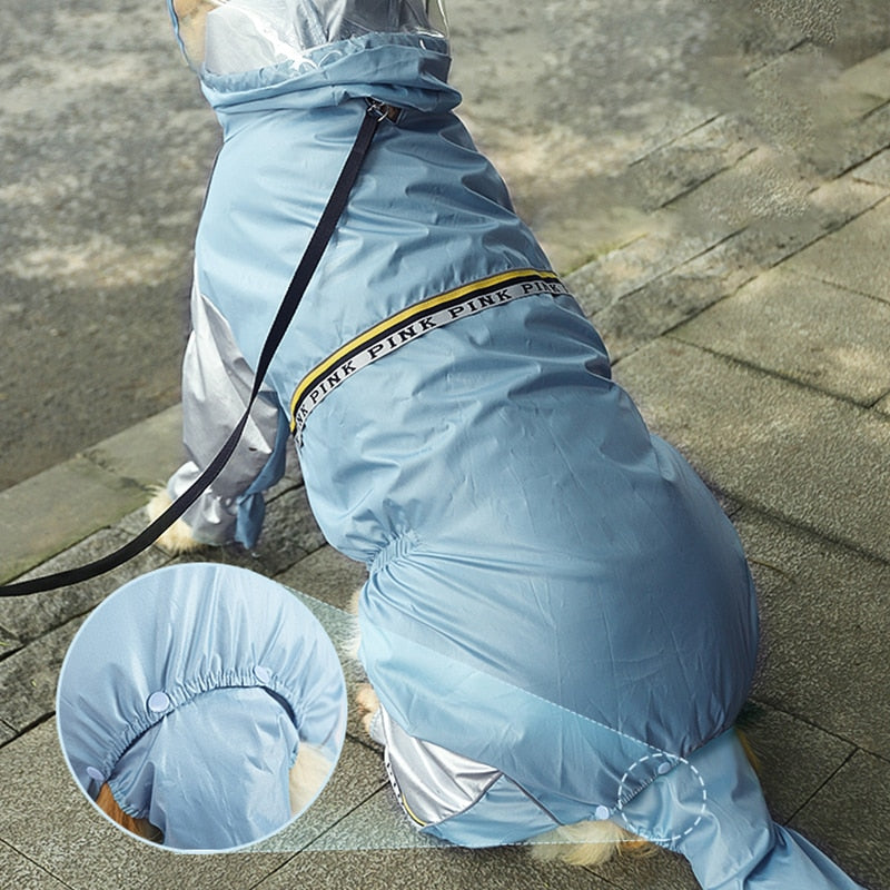 Big Dog Raincoat with Tail Jumpsuit Raincoat for Large Dogs with Reflective Strips Tow Hole Labrador Waterproof Jacket