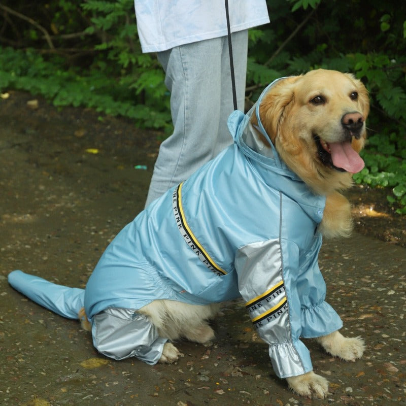 Big Dog Raincoat with Tail Jumpsuit Raincoat for Large Dogs with Reflective Strips Tow Hole Labrador Waterproof Jacket