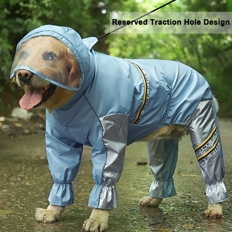 Big Dog Raincoat with Tail Jumpsuit Raincoat for Large Dogs with Reflective Strips Tow Hole Labrador Waterproof Jacket