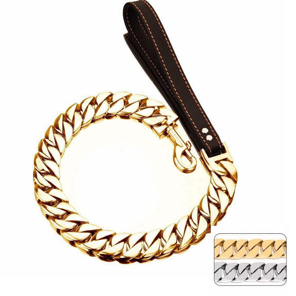 32mm Stainless Steel Dog Chain Collar with Leather Leash Multi Size Pet Neck Chain