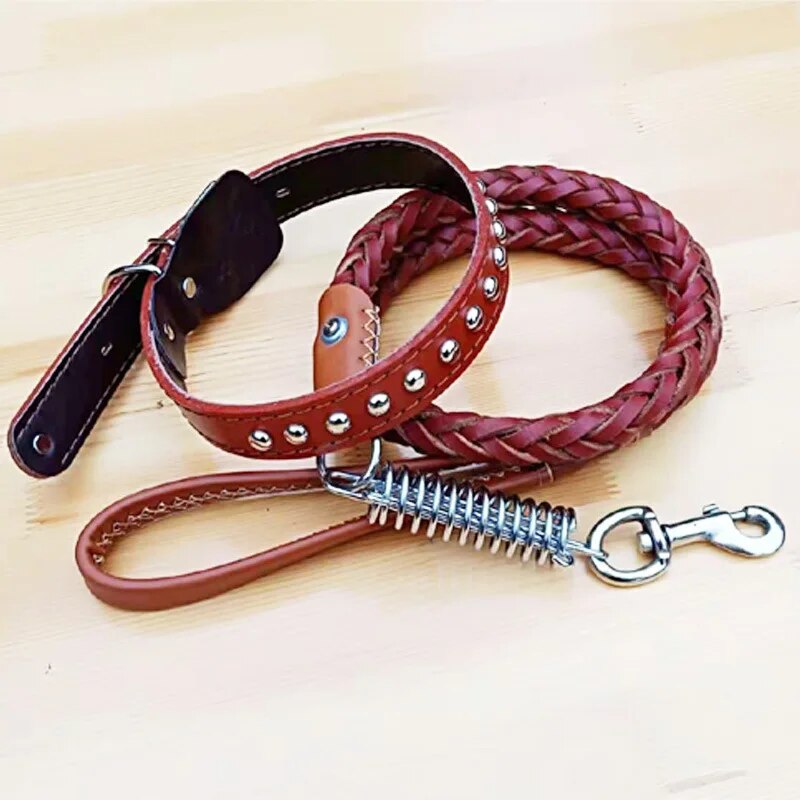 Cow Leather Collar Adjustable Dog Chain Wear-resistant Training Dog Leash