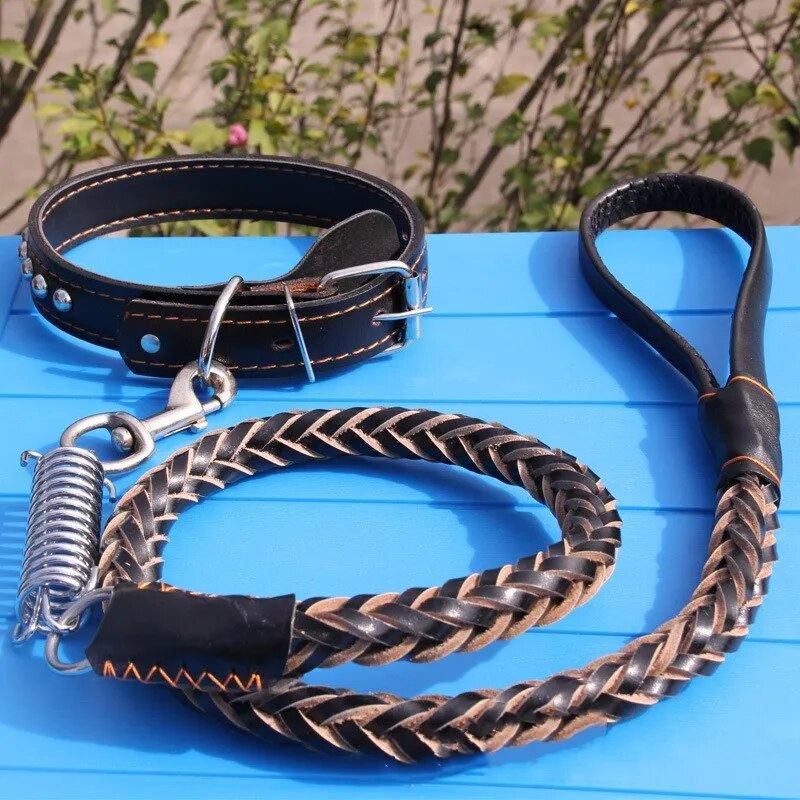 Cow Leather Collar Adjustable Dog Chain Wear-resistant Training Dog Leash