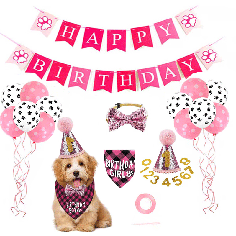 Dog Birthday Party Supplies Balloon Scarf Bow Tie Crown Hat Banner Pull Flag Pet Set