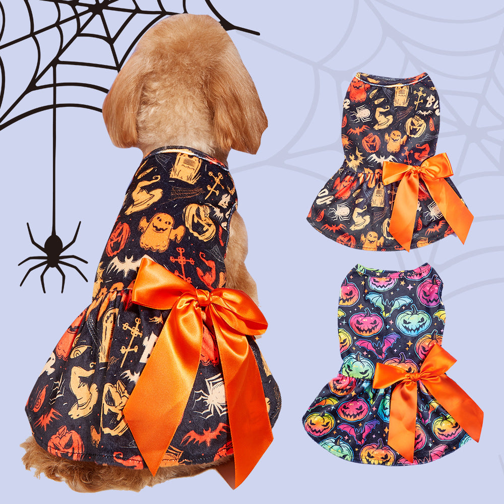 Dog Dresses Pet Dog Halloween Pumpkin Costumes with Bow Tie