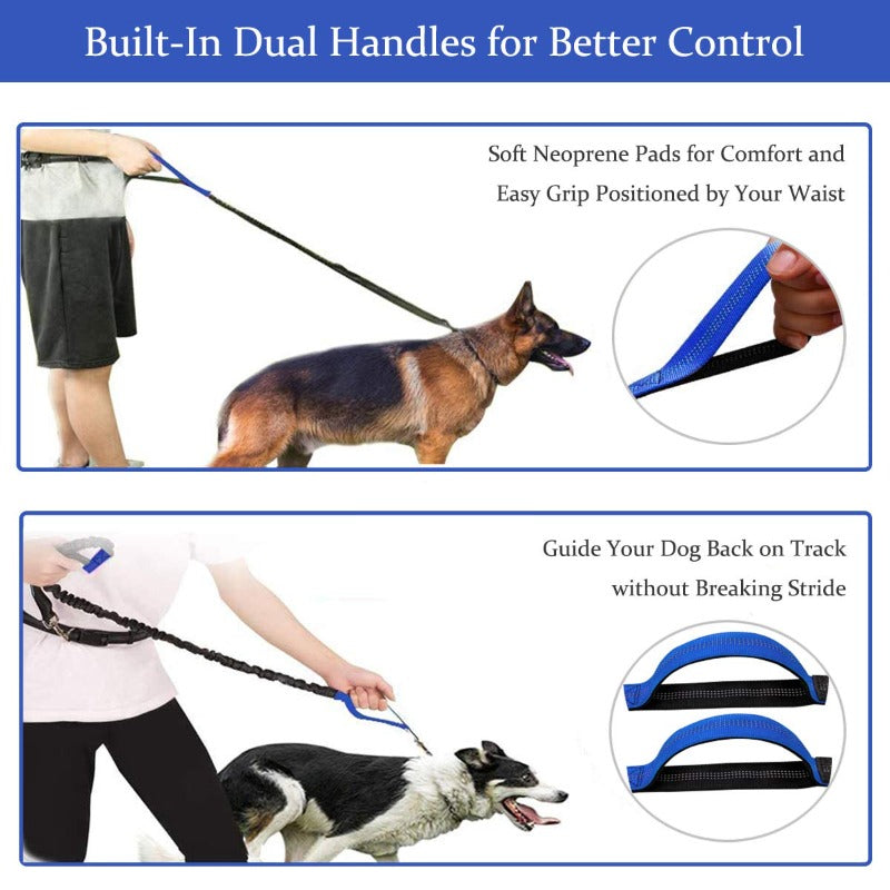 Dog Leash With Dual Padded Handles Retractable Dog Running Waist Leash With Reflective Stripe