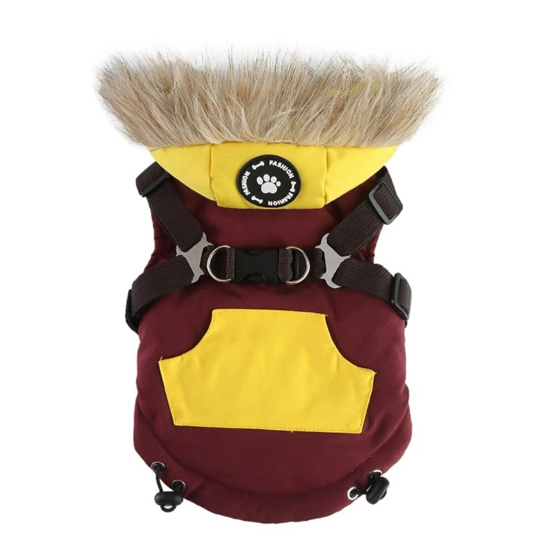 Winter Pet Clothes with Harness Dog Coat Warm Soft Windproof Hooded Jacket