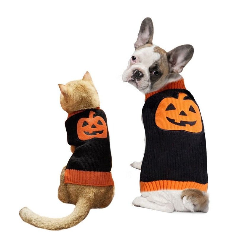 Halloween Dog Sweater Thick High Collar Thick Pumpkin Pattern Sweater