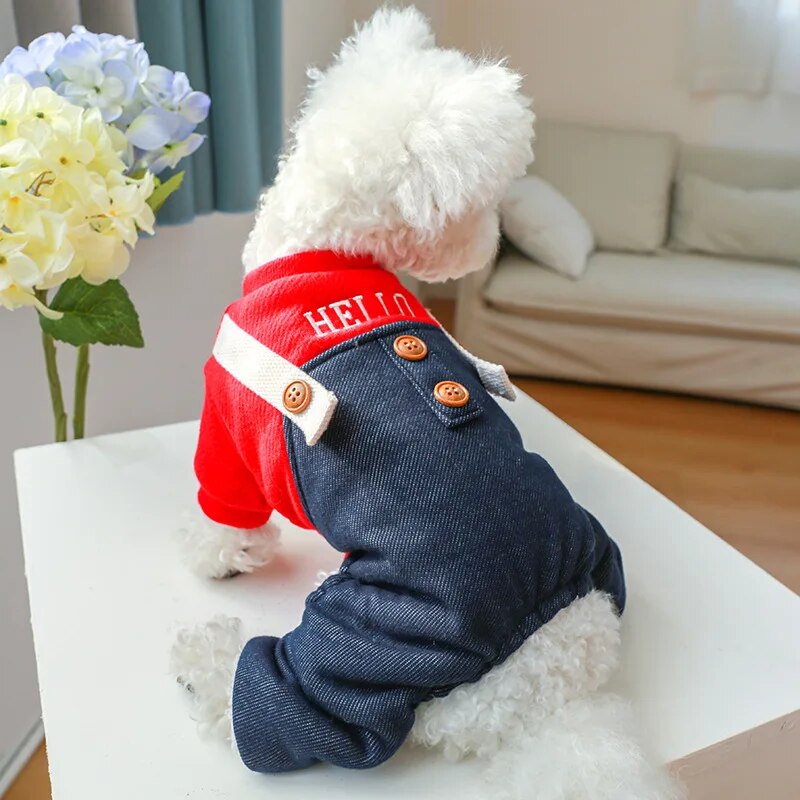 Hello Dog Jump Suit With Denim Pants Thicken Poodle Winter Overall Clothing