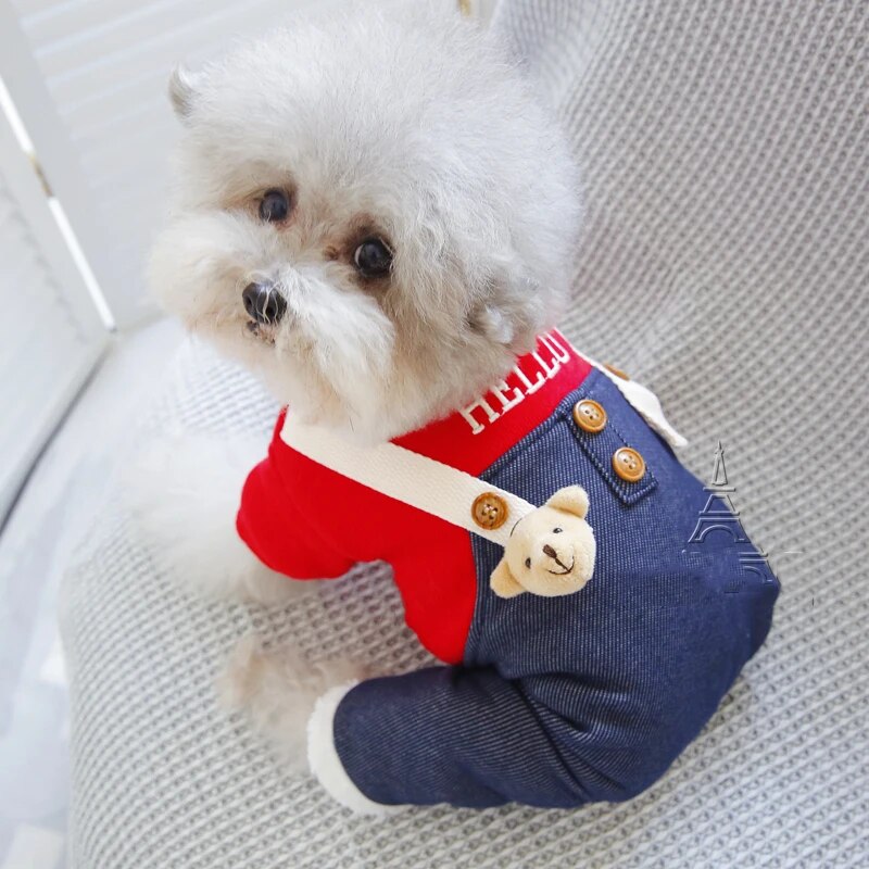 Hello Dog Jump Suit With Denim Pants Thicken Poodle Winter Overall Clothing